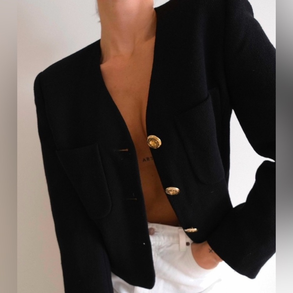 VINTAGE 90’s LAUREL COCO WOOL CROPPED BLAZER JACKET GOLD BUTTONS CAREER CORPCORE